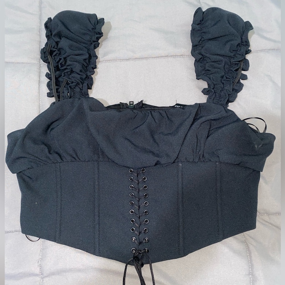 Kendall & Kylie Black Ruched Strap Corset Crop Top